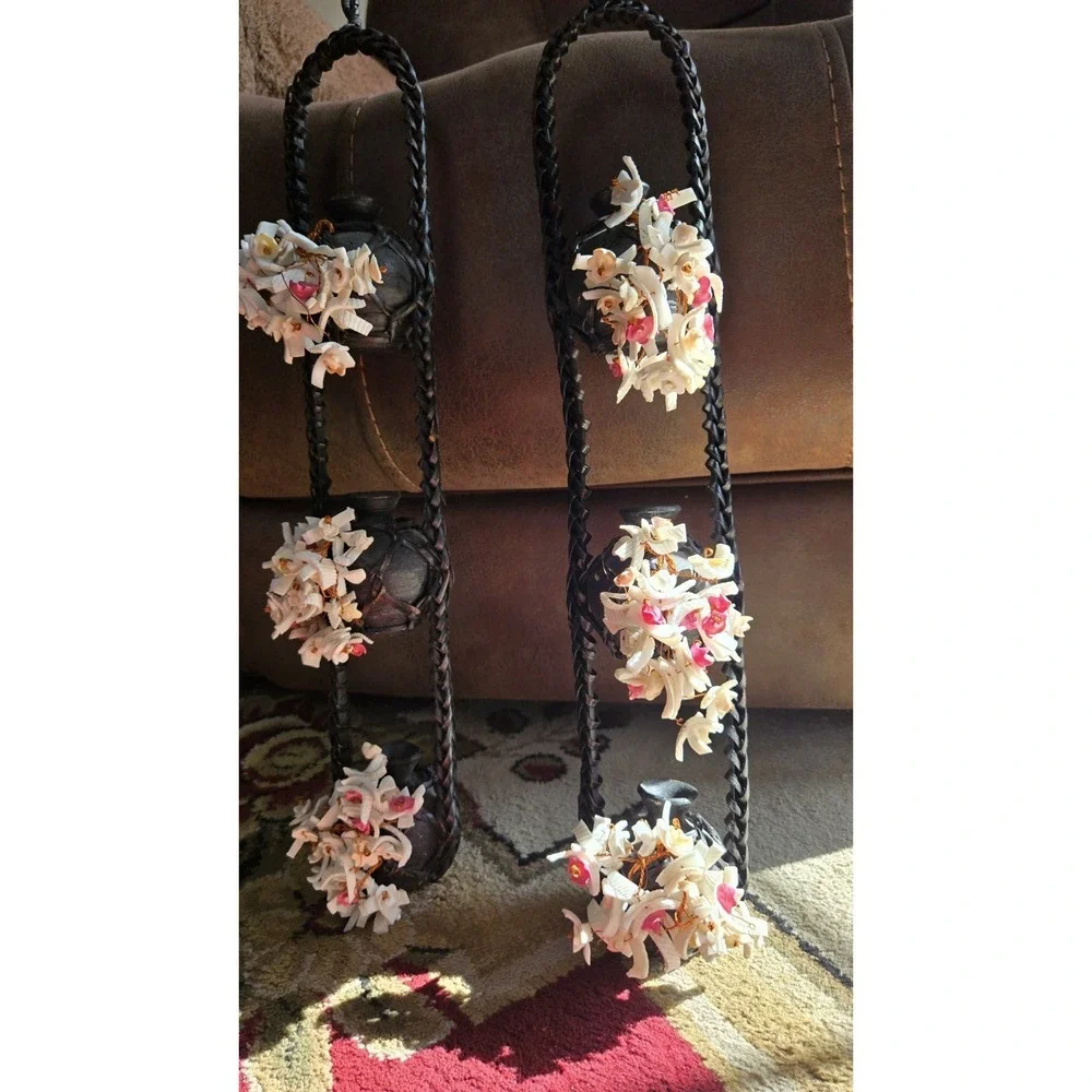 Vintage Asian Hanging Wall Vases – Pair Floral Ceramic & Woven Rope Décor – 20